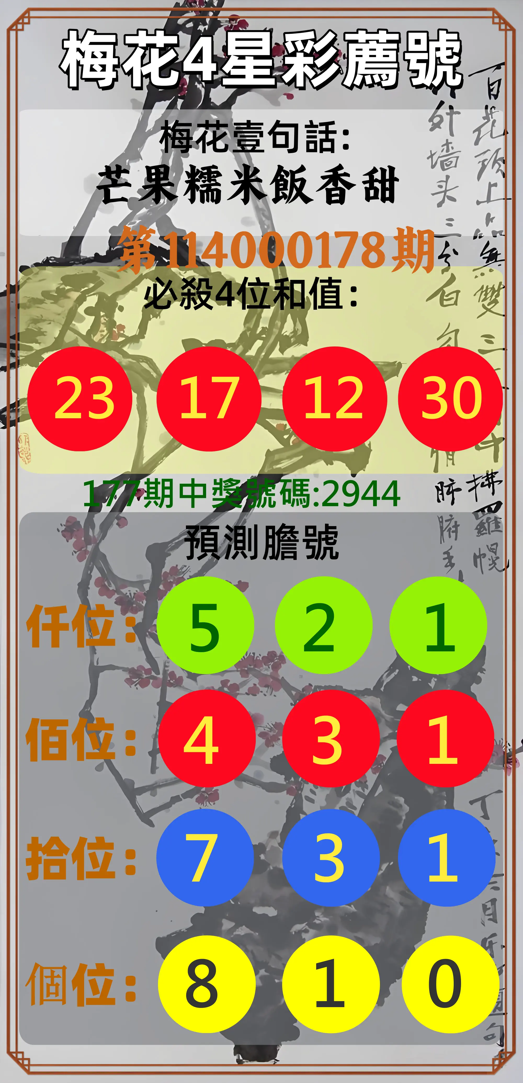 4星彩第114000178期(07/23)梅花4星彩薦號