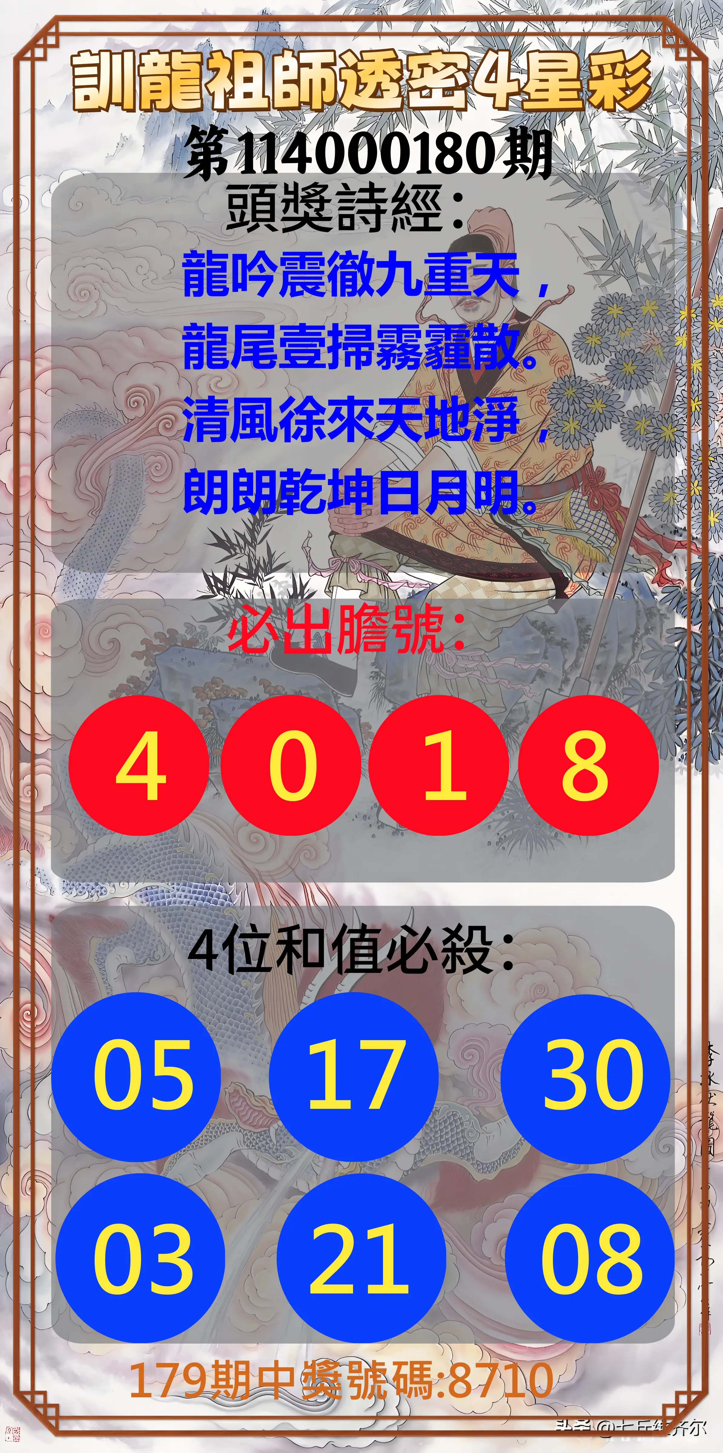 4星彩第114000180期(07/25)訓龍祖師透密4星彩