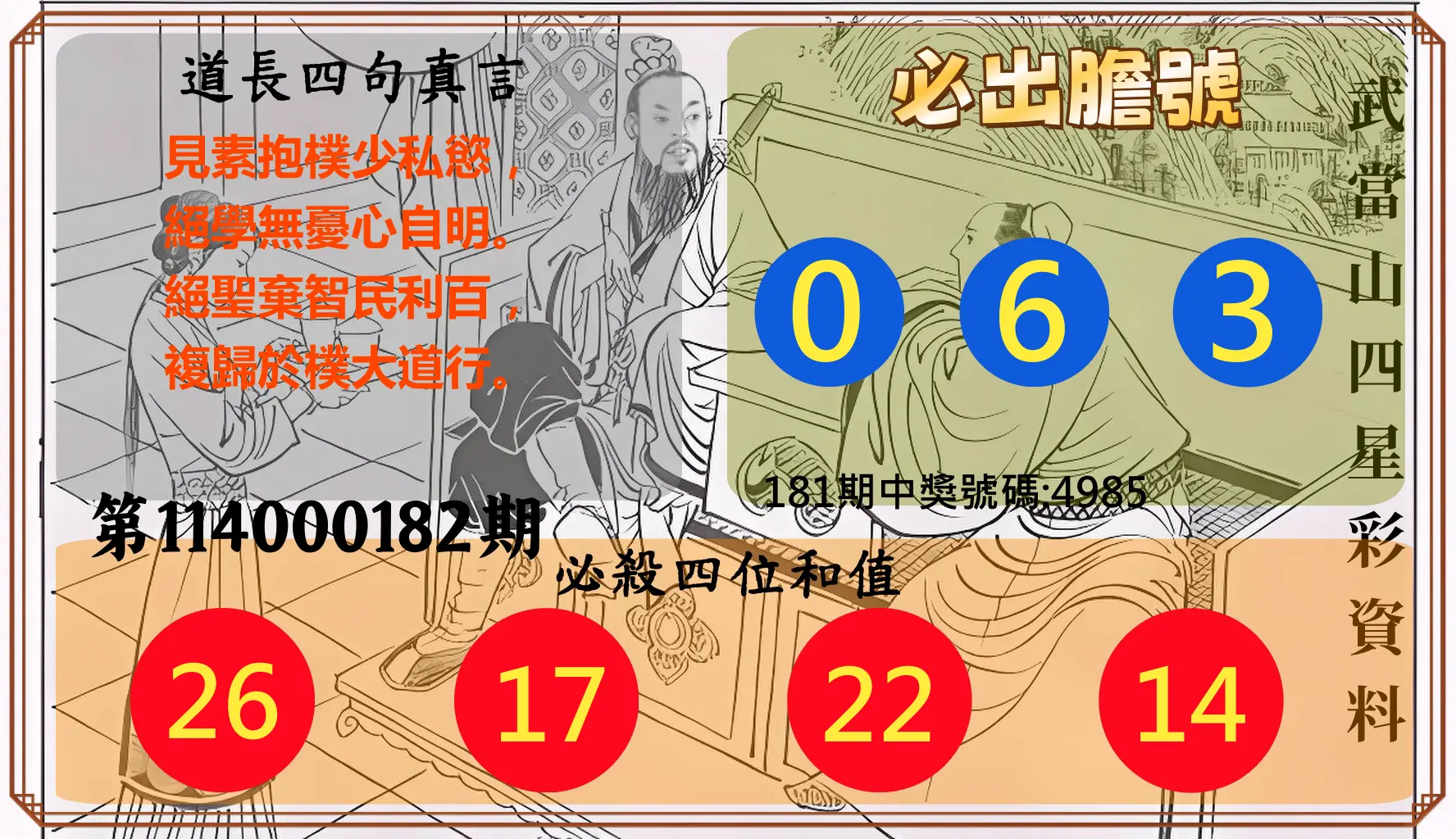 4星彩第114000182期(07/28)武當山四星彩資料