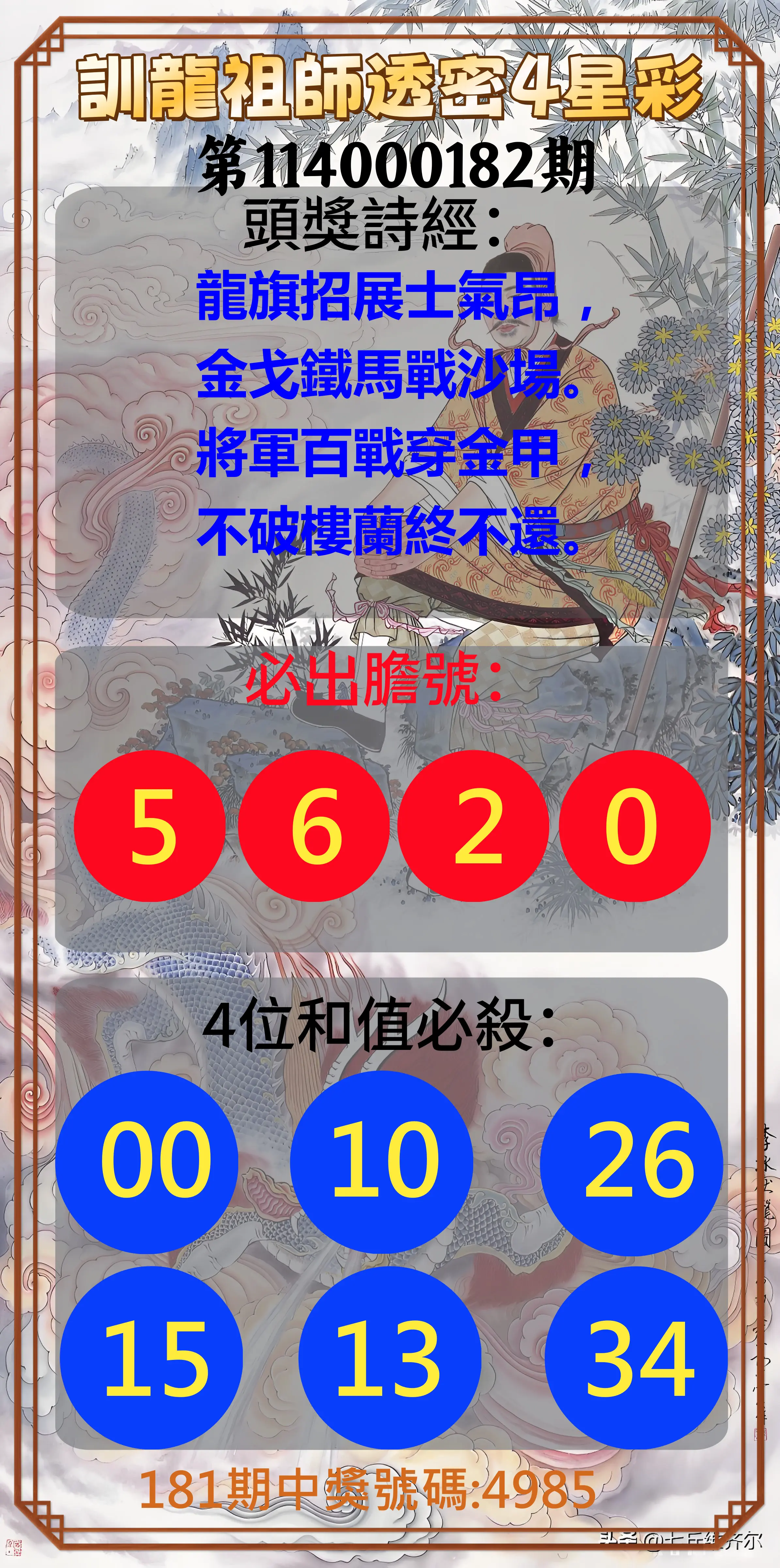 4星彩第114000182期(07/28)訓龍祖師透密4星彩