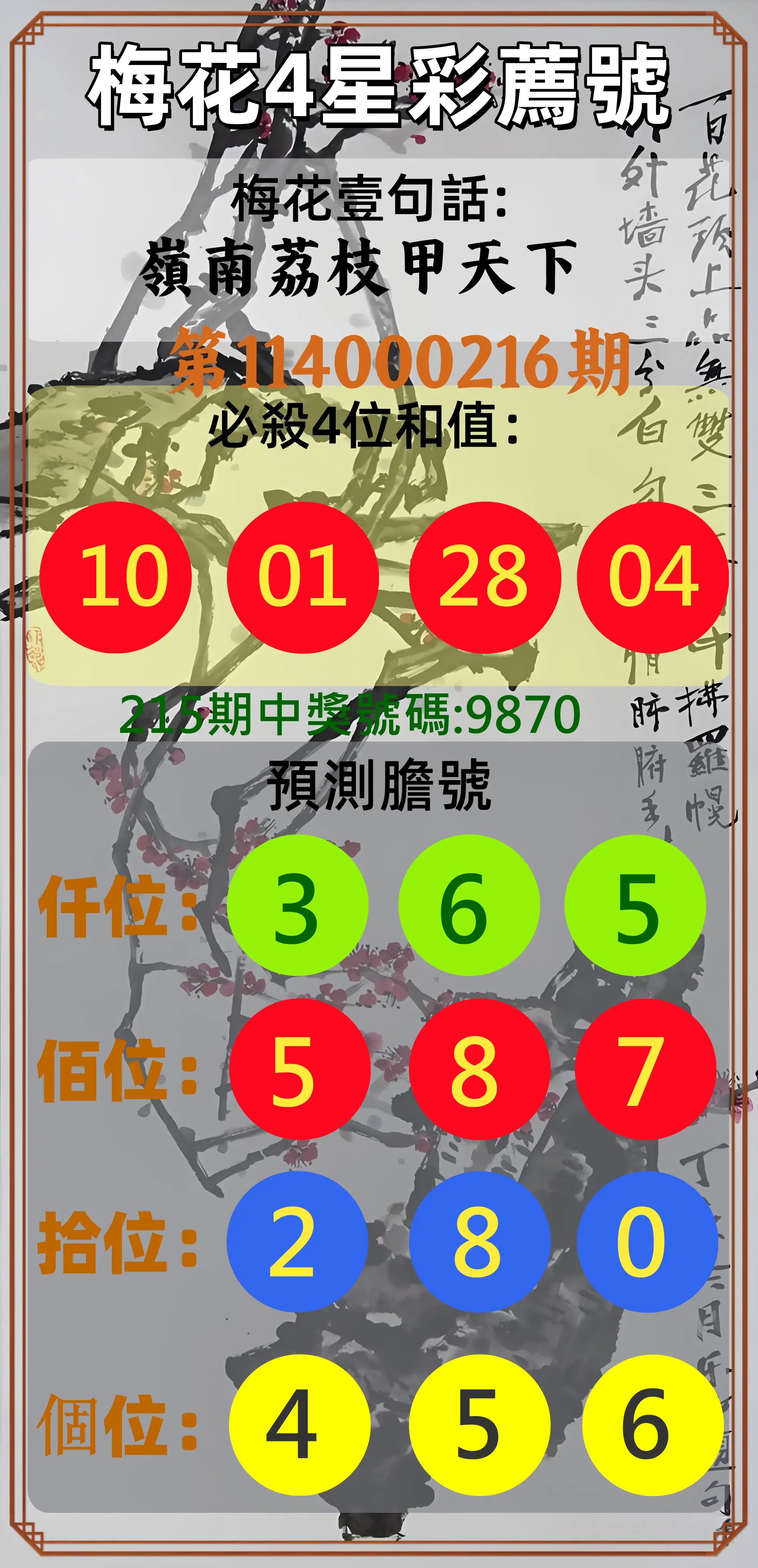 4星彩第114000216期(09/05)梅花4星彩薦號