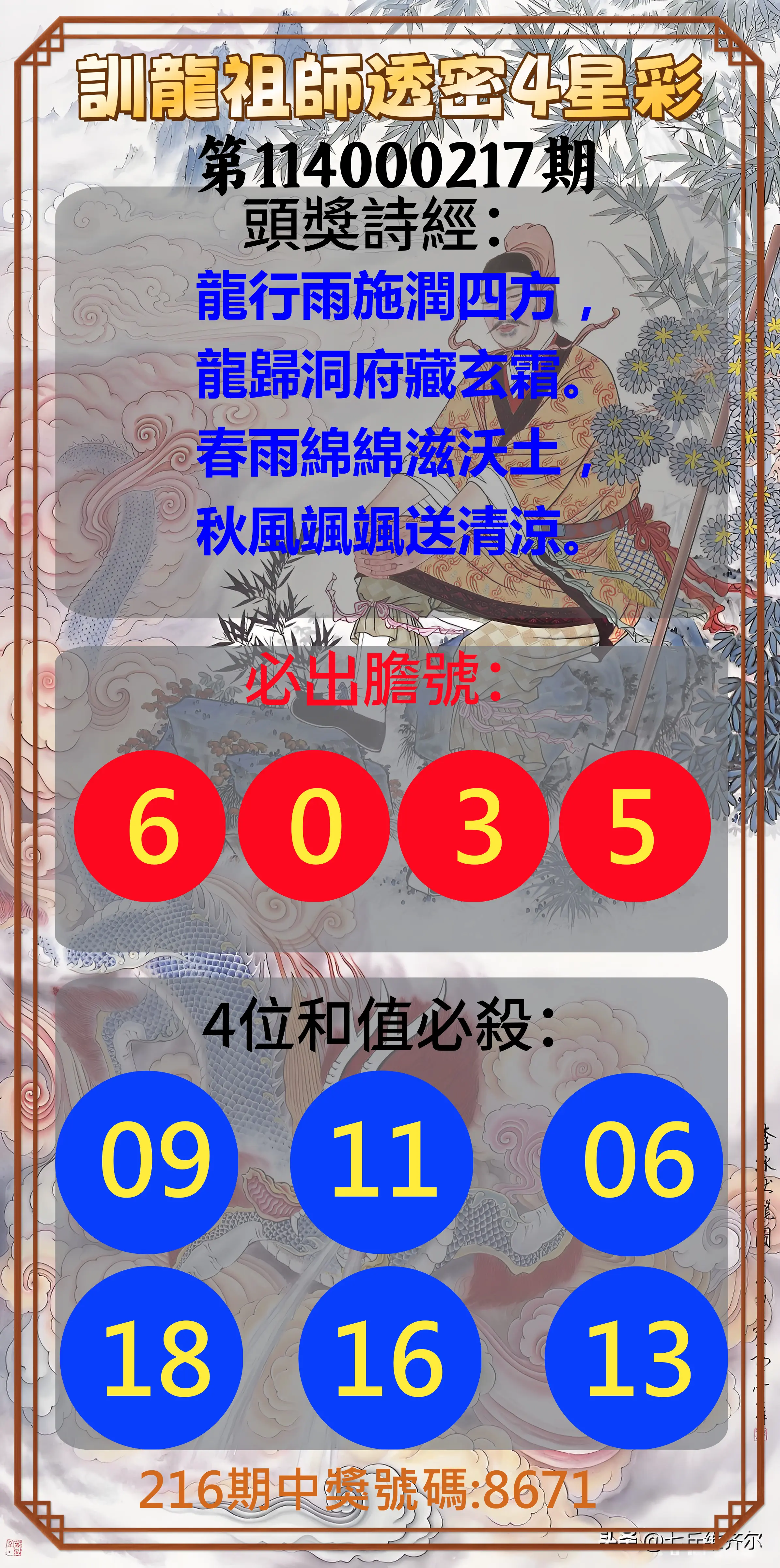 4星彩第114000217期(09/06)訓龍祖師透密4星彩