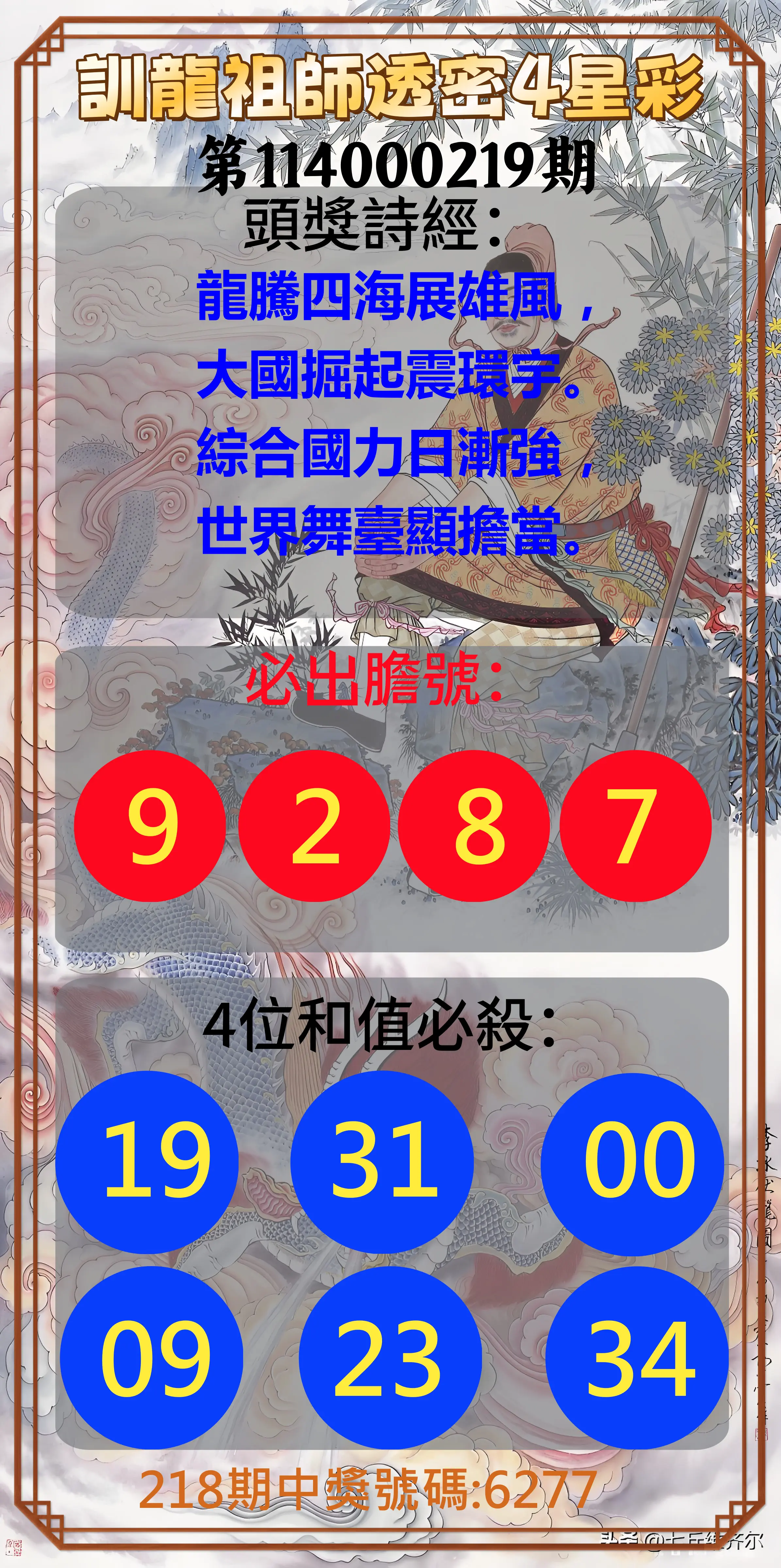 4星彩第114000219期(09/09)訓龍祖師透密4星彩