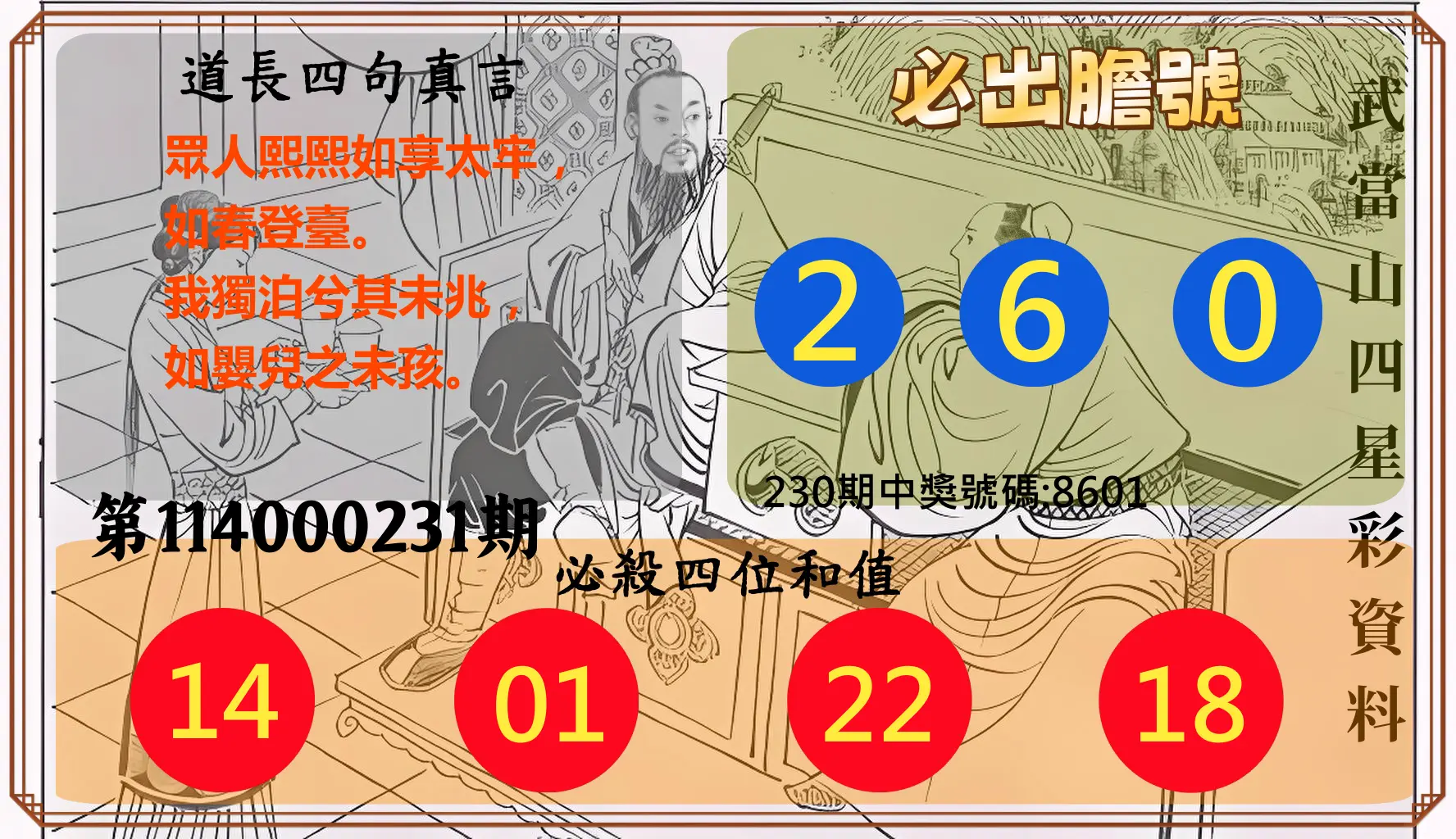 4星彩第114000231期(09/23)武當山四星彩資料