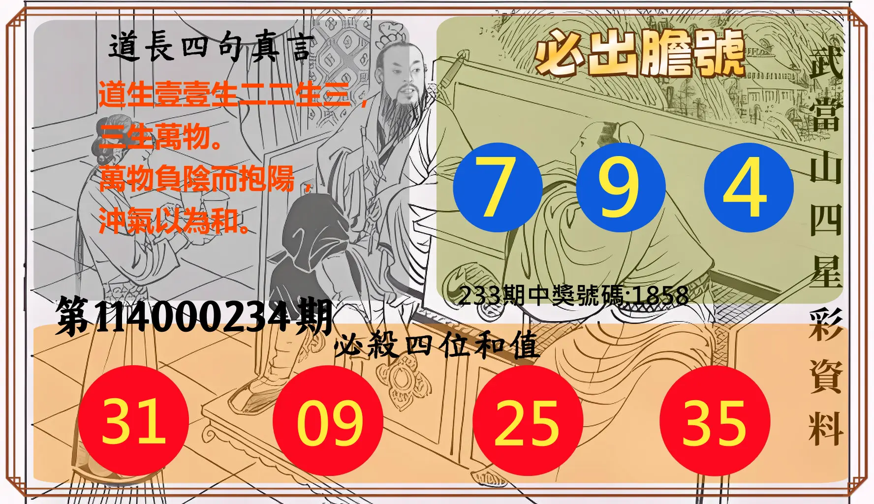 4星彩第114000234期(09/26)武當山四星彩資料