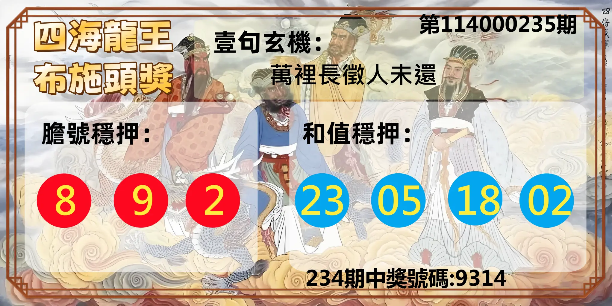4星彩第114000235期(09/27)四海龍王布施頭獎