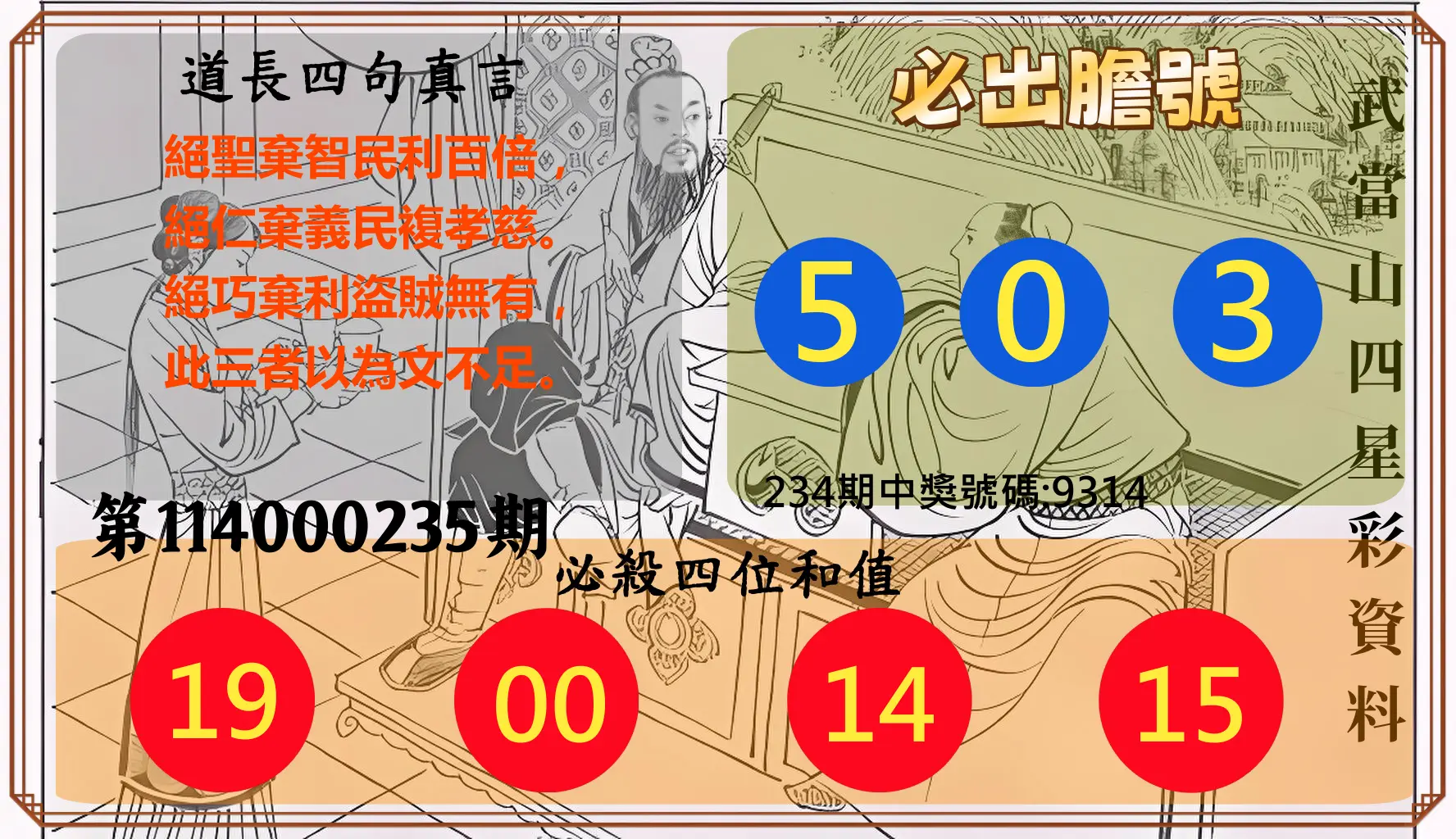4星彩第114000235期(09/27)武當山四星彩資料