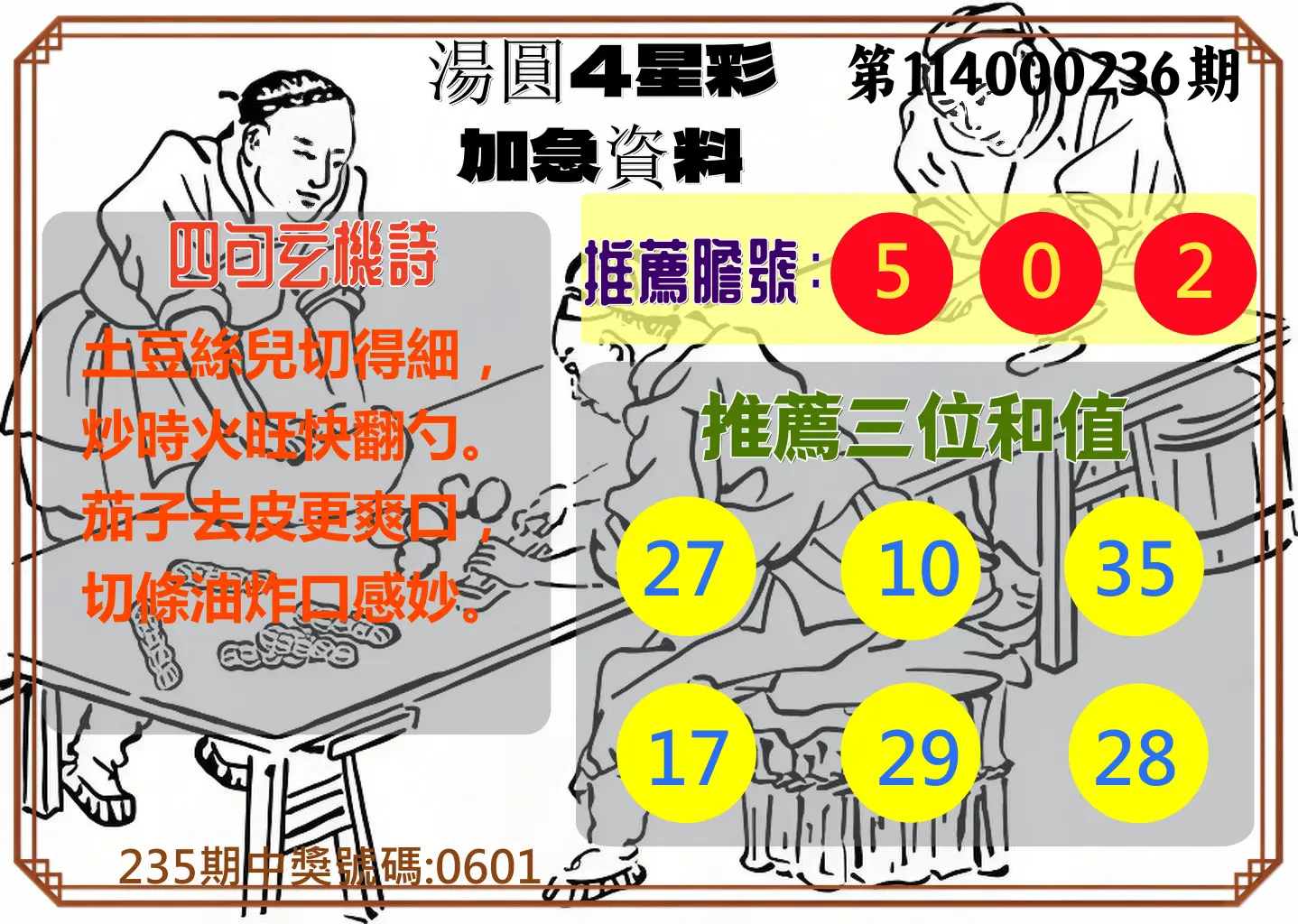 4星彩第114000236期(09/29)湯圓4星彩加急資料