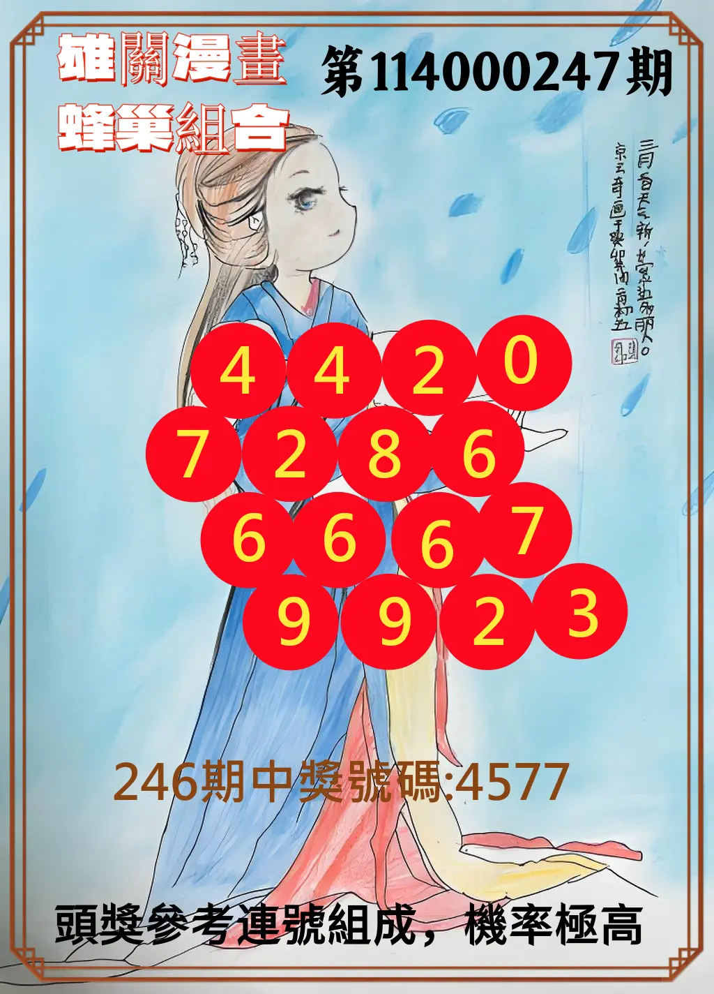 4星彩第114000247期(10/11)雄關漫畫蜂巢組合