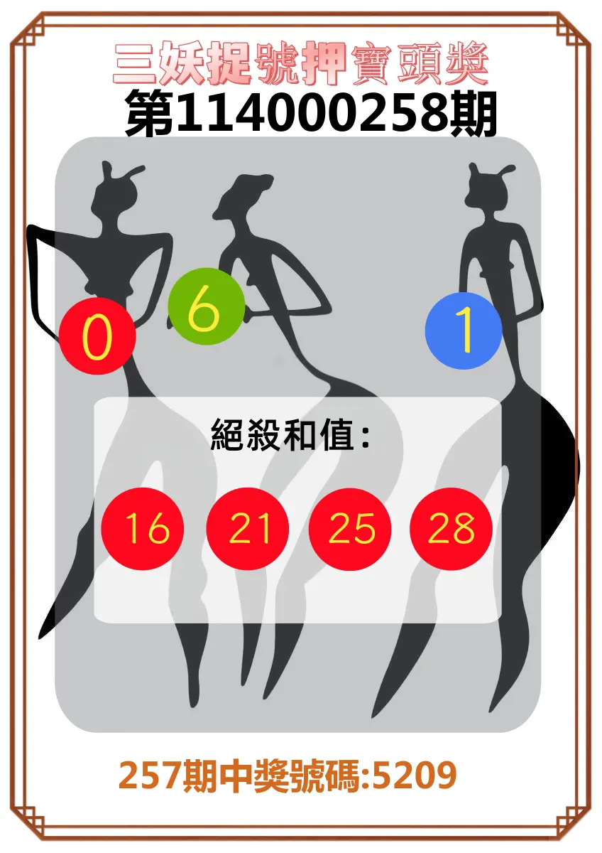 4星彩第114000258期(10/24)三妖捉號押寶頭獎