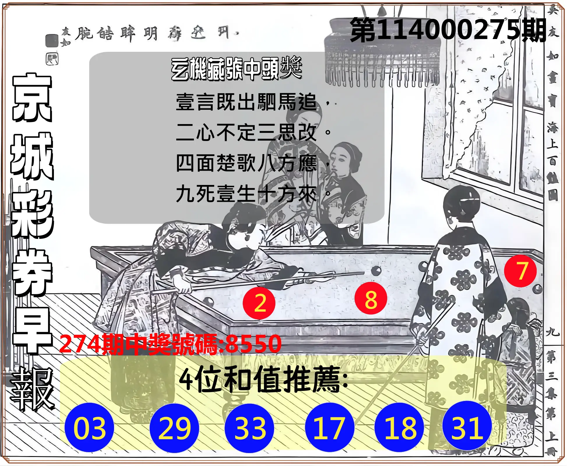 4星彩第114000275期(11/13)京城彩券早報