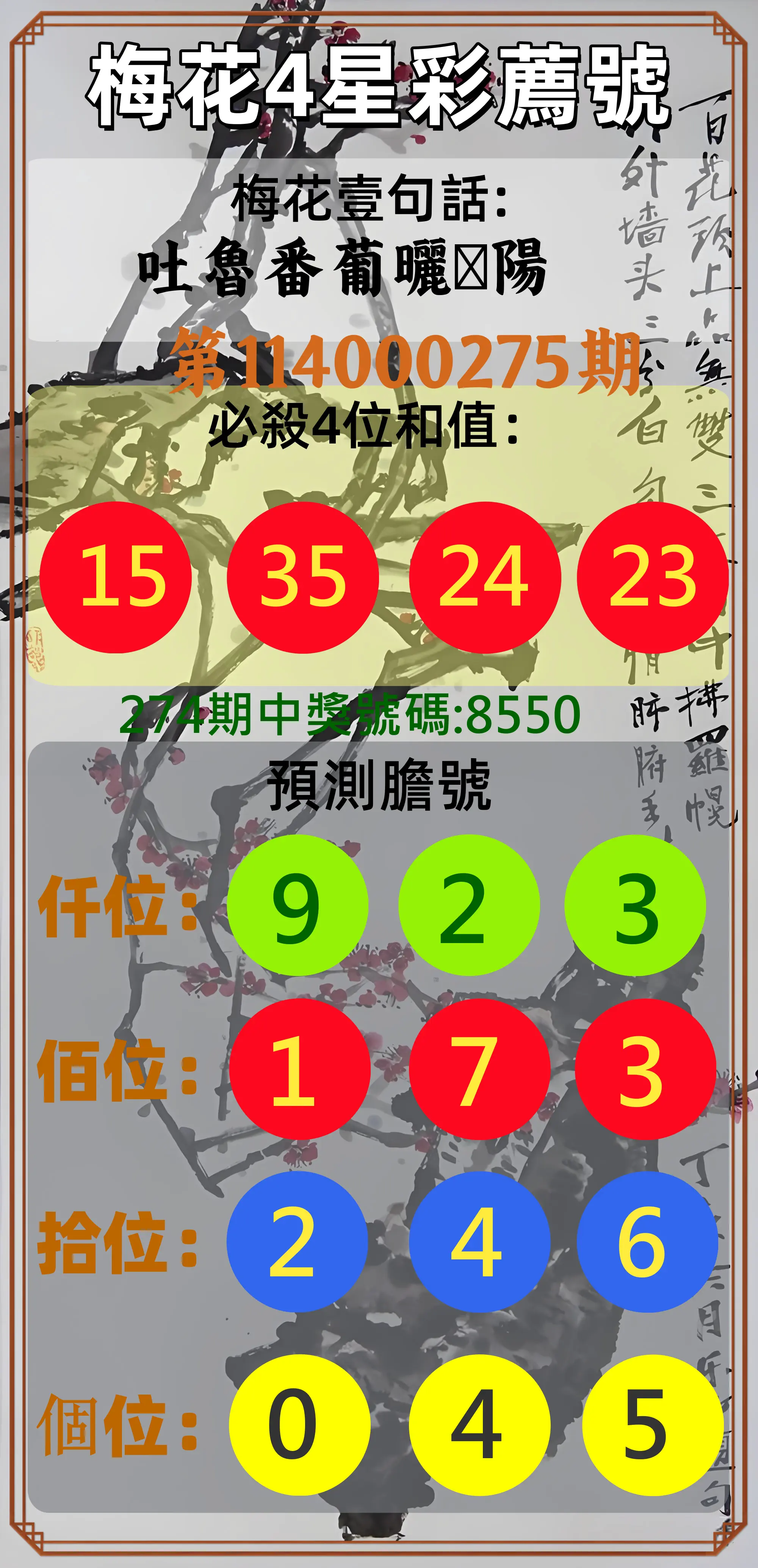 4星彩第114000275期(11/13)梅花4星彩薦號