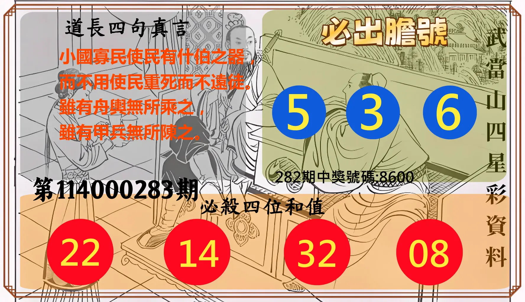 4星彩第114000283期(11/22)武當山四星彩資料