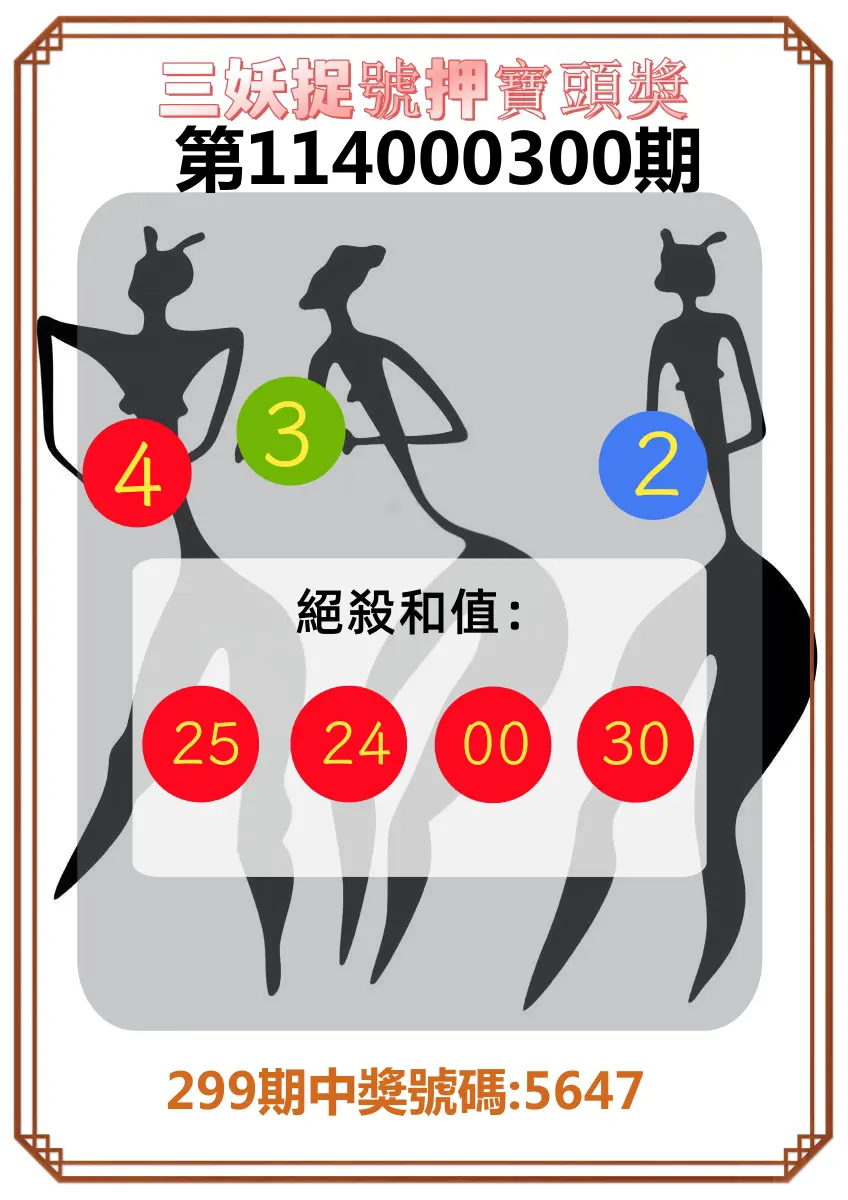 4星彩第114000300期(12/12)三妖捉號押寶頭獎