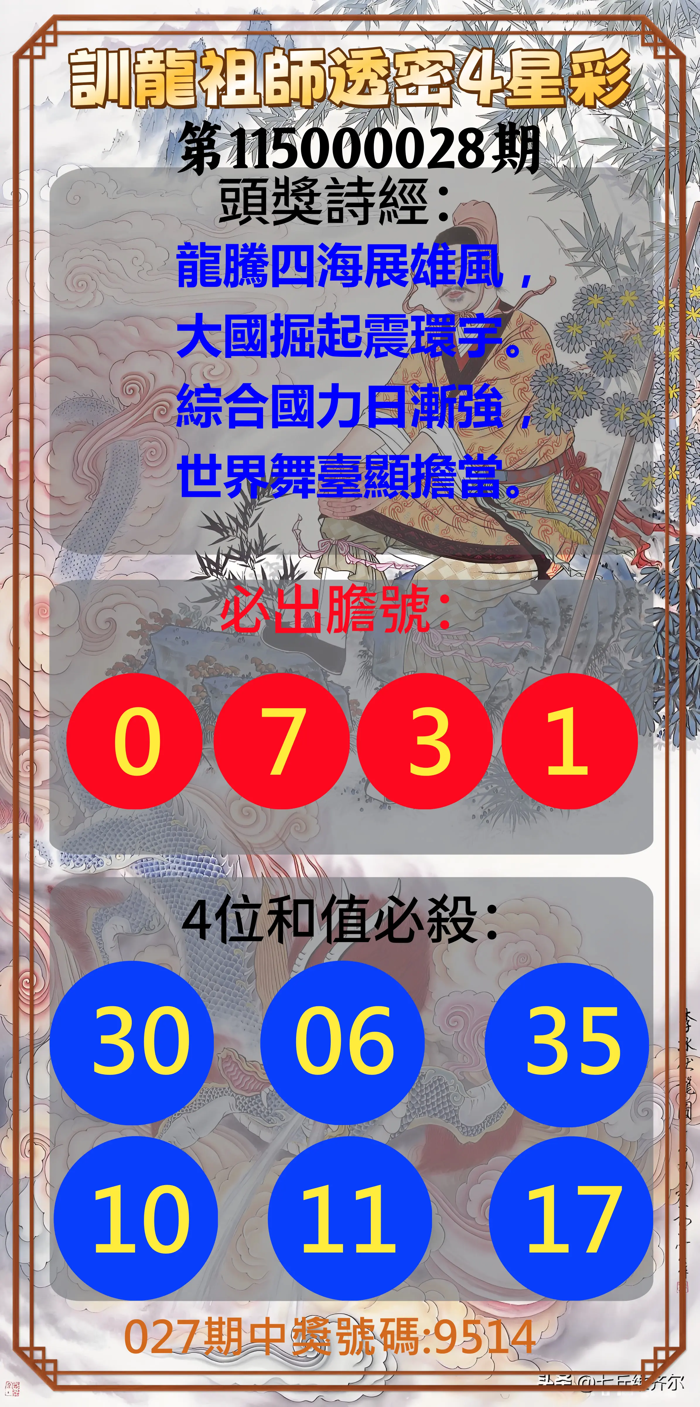 4星彩第115000028期(02/02)訓龍祖師透密4星彩