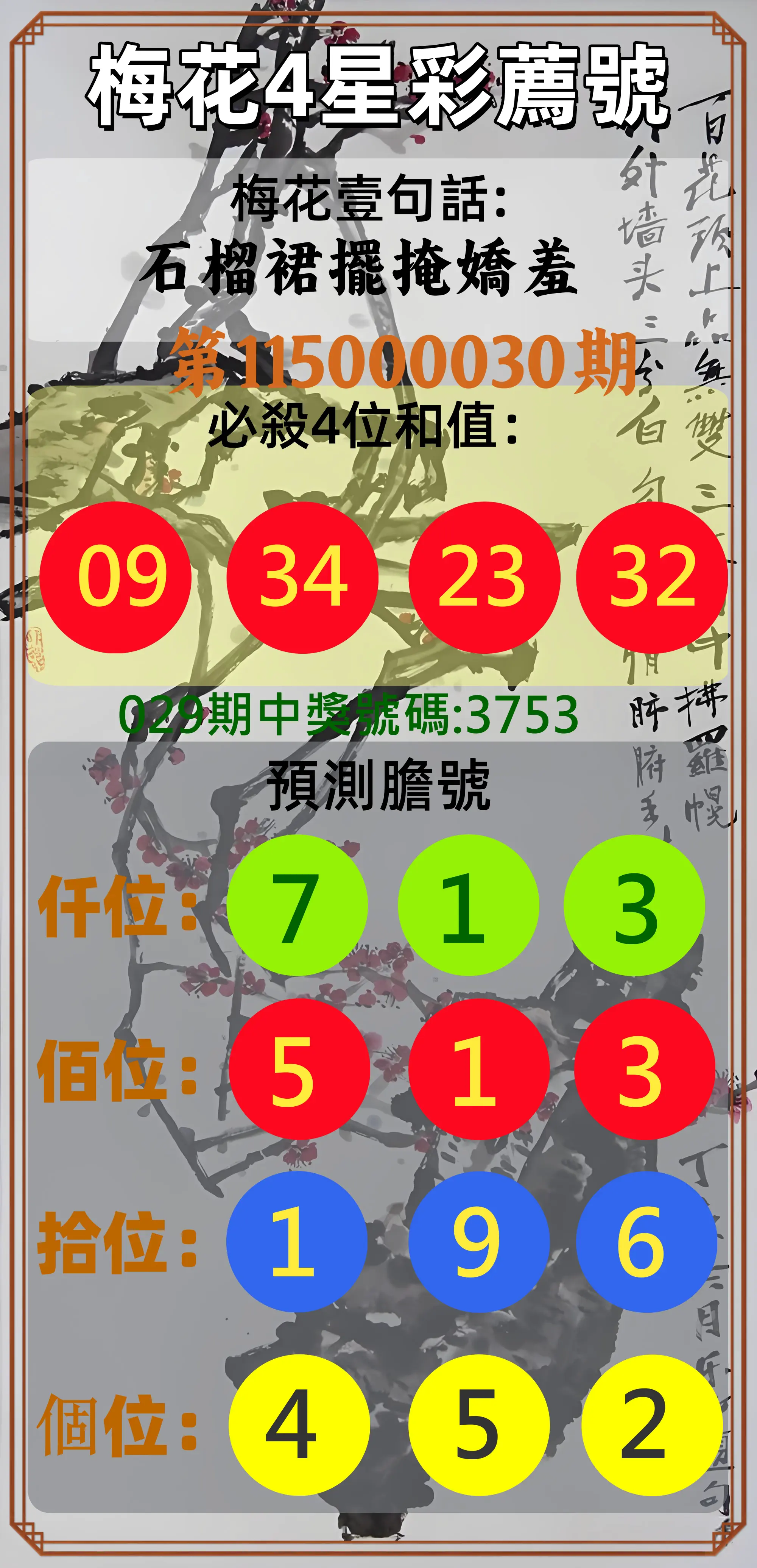 4星彩第115000030期(02/04)梅花4星彩薦號