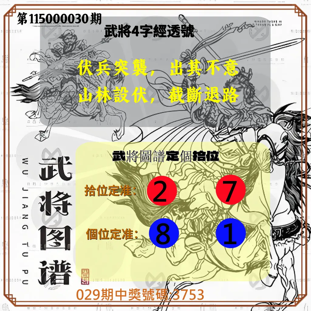 4星彩第115000030期(02/04)武將圖譜