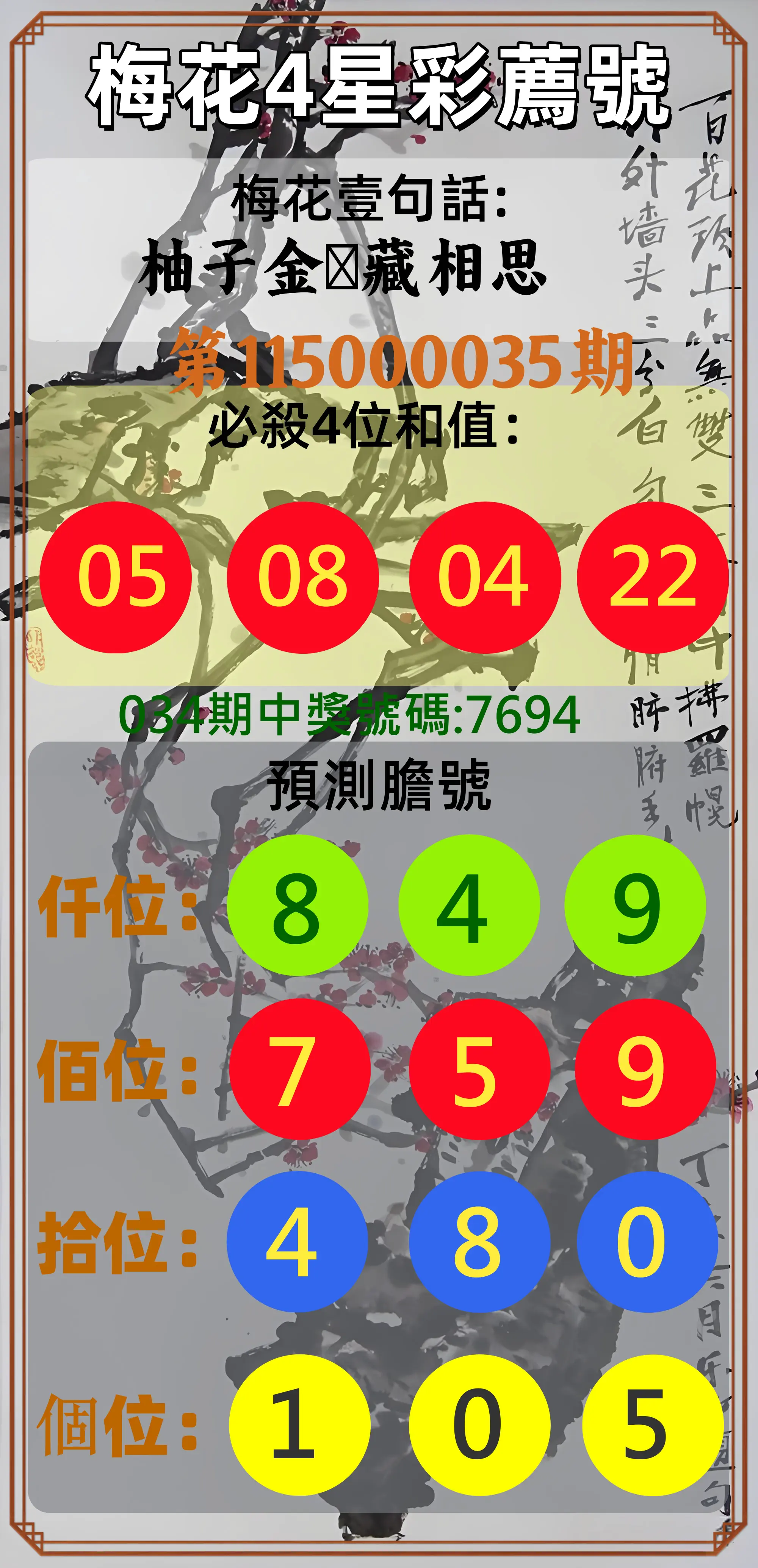 4星彩第115000035期(02/10)梅花4星彩薦號