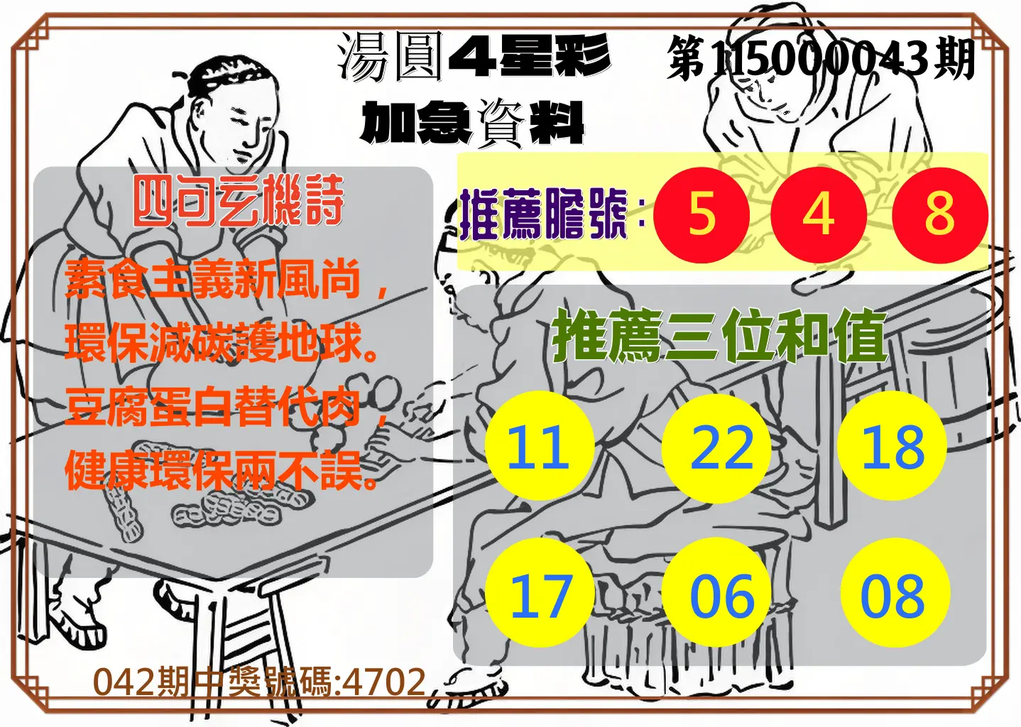 4星彩第115000043期(02/18)湯圓4星彩加急資料