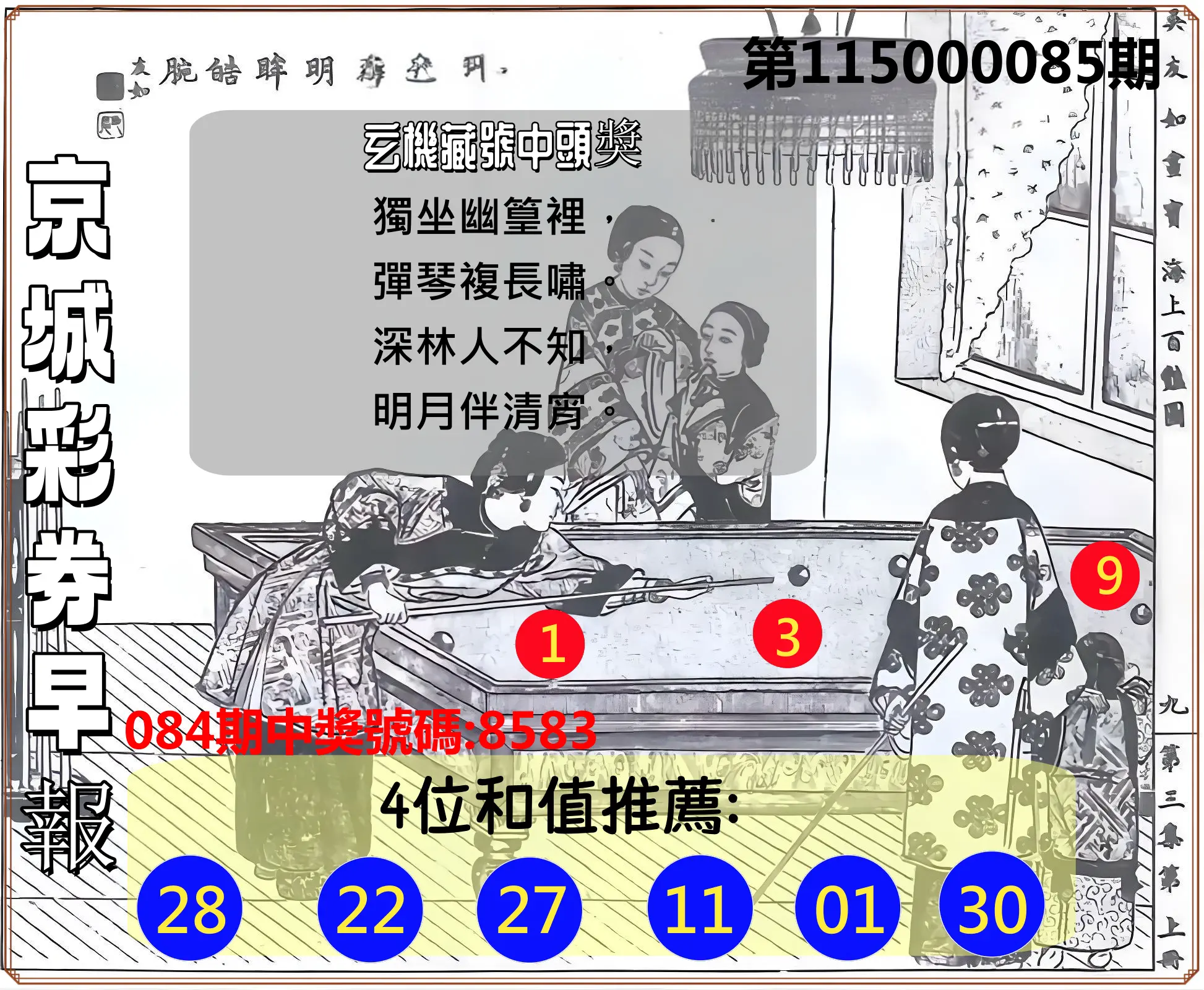 4星彩第115000085期(04/06)京城彩券早報