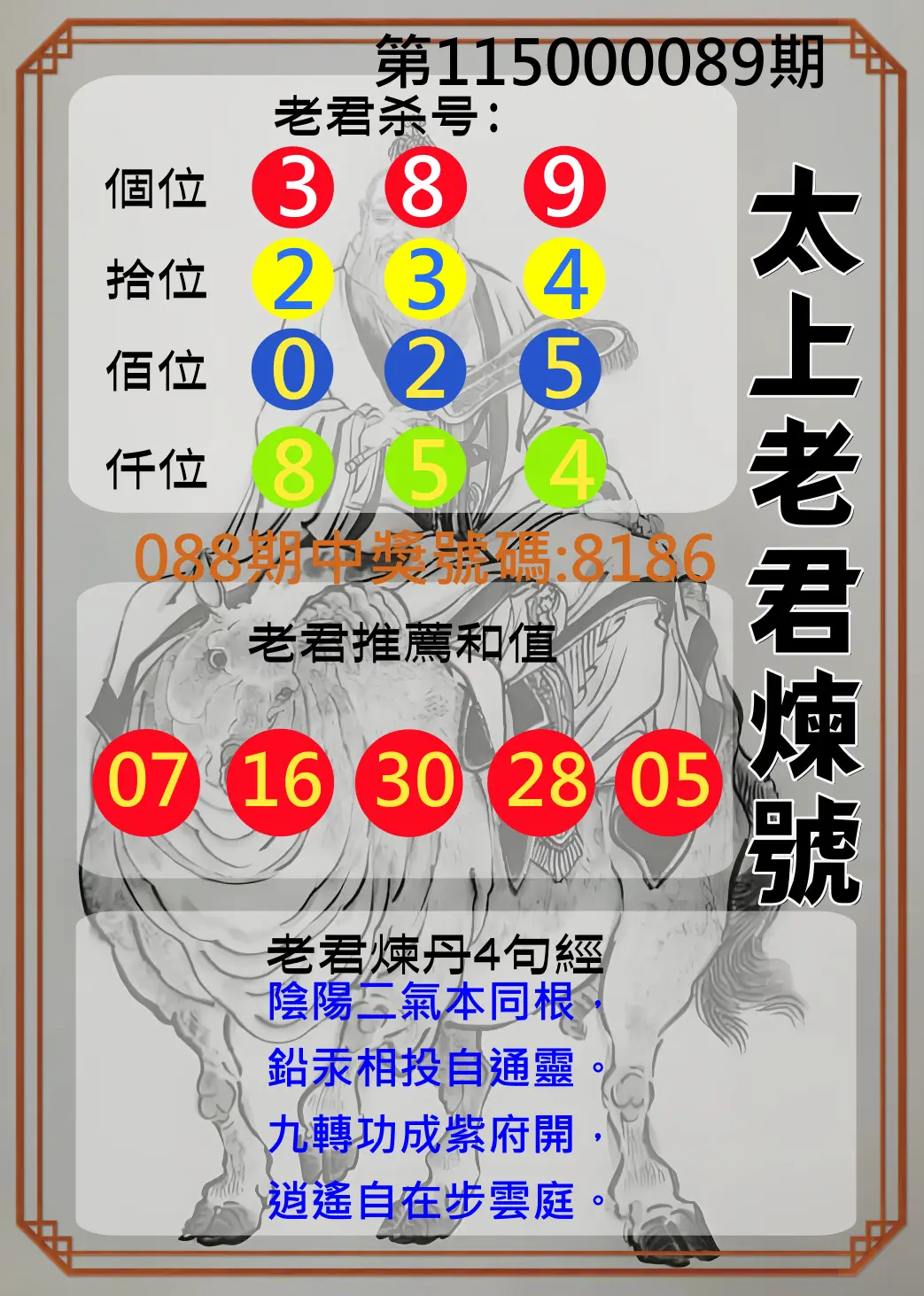 4星彩第115000089期(04/10)太上老君煉號