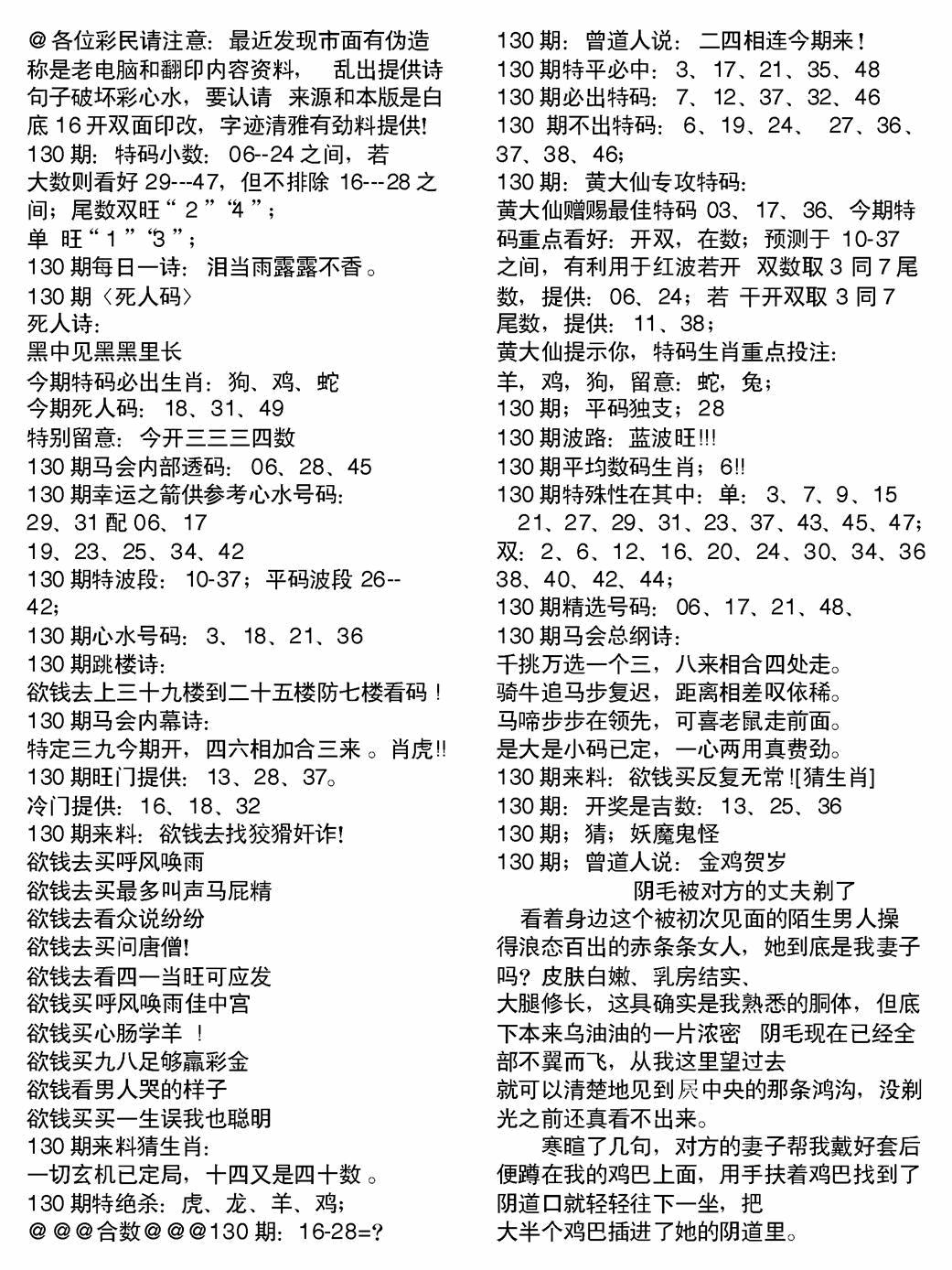六合彩130期当日电脑综合资料B(黑白)