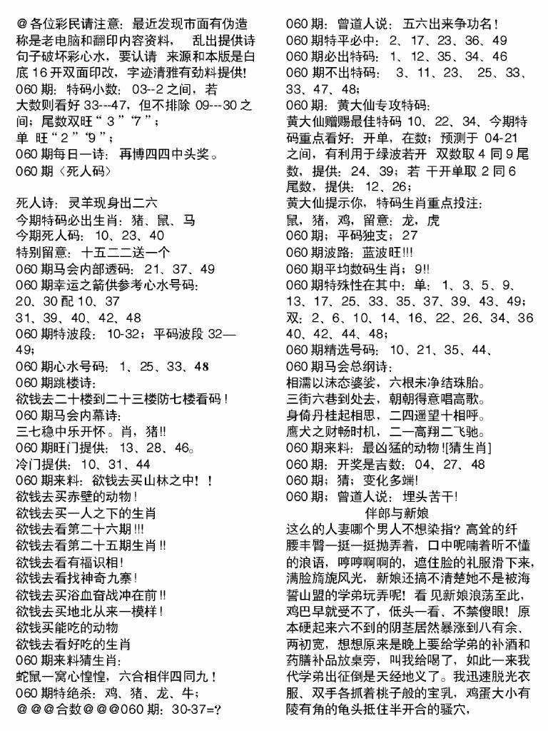 六合彩060期当日电脑综合资料B(黑白)