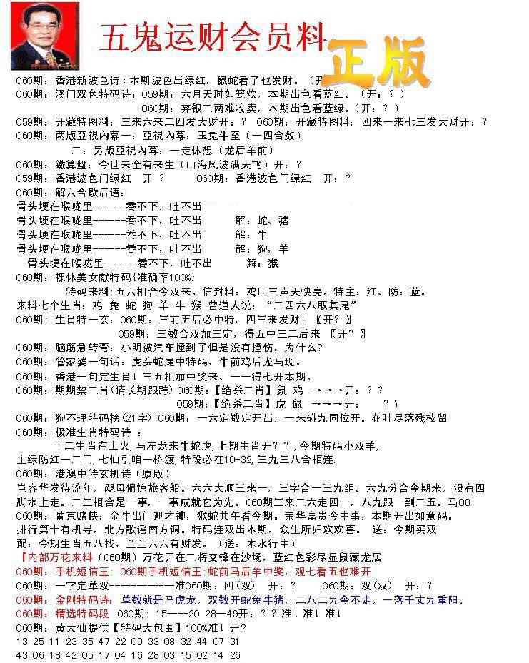 六合彩060期正版五鬼运财会员料