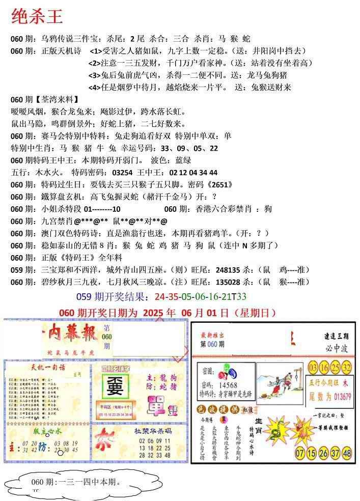 六合彩060期蓝天报(绝杀王)