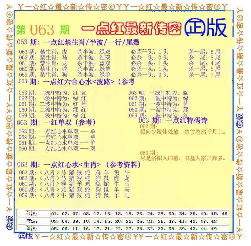 六合彩063期一点红最新传密