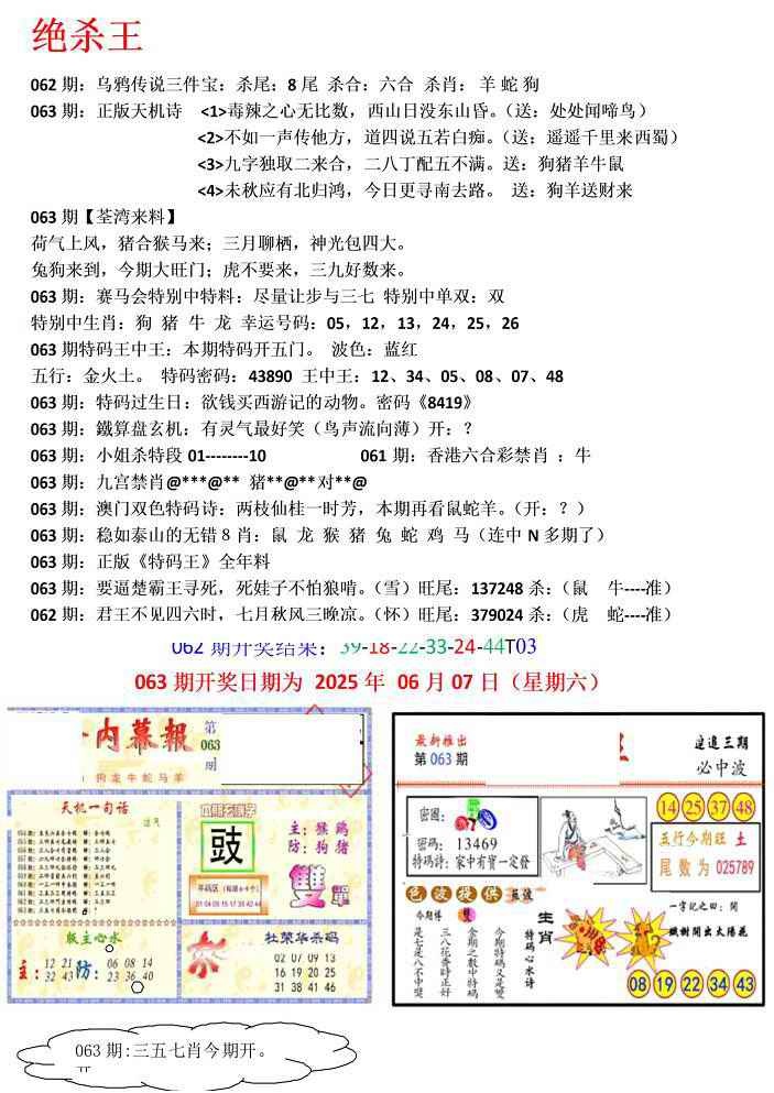 六合彩063期蓝天报(绝杀王)
