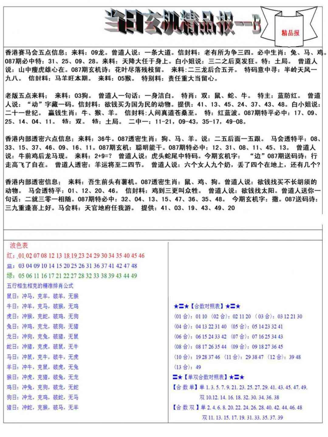 六合彩087期当日玄机精品报B