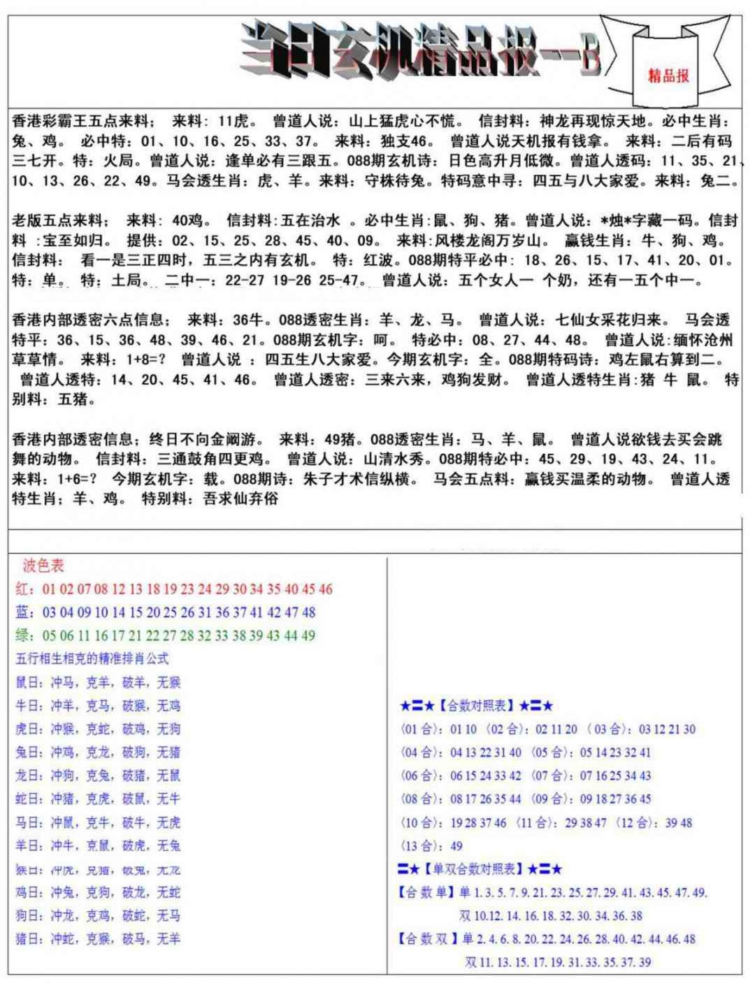 六合彩088期当日玄机精品报B